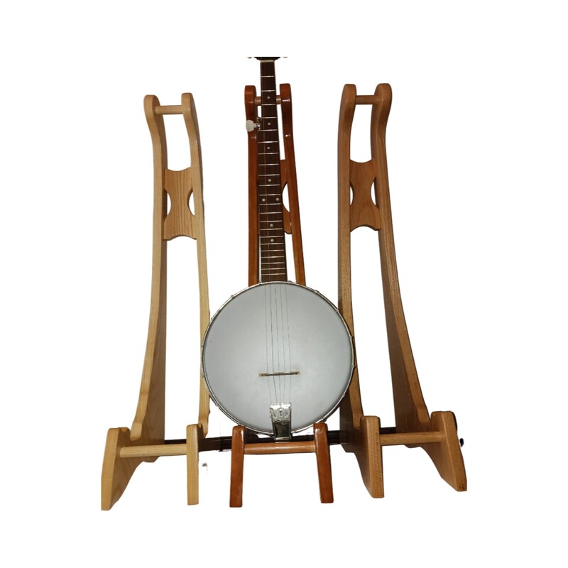 Tall Banjo Stand. For Resonator or Open Back Banjos. Free Shipping in Contiguous USA. Solid, quality hardwood species to choose from.